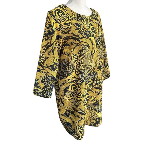 H&M Women’s 14 Shift Dress Blue Gold Abstract Print Bold Retro Chic Mod NWT - Picture 2 of 9
